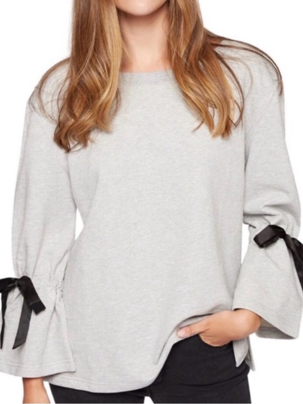 Anthropologie Sanctuary Gray French Terry Sweatshirt with Black Satin Tie Bell